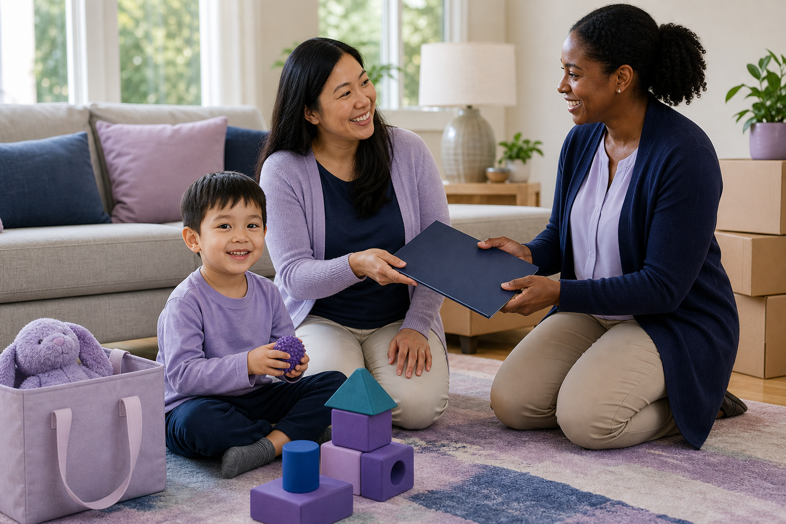 A calm four-year-old child sits on a colorful rug stacking soft blocks in a sunlit living room while an Asian-American mother and Black female ABA therapist smile nearby and exchange a blank navy folder; neatly arranged moving boxes and a favorite toy suggest a family relocation.