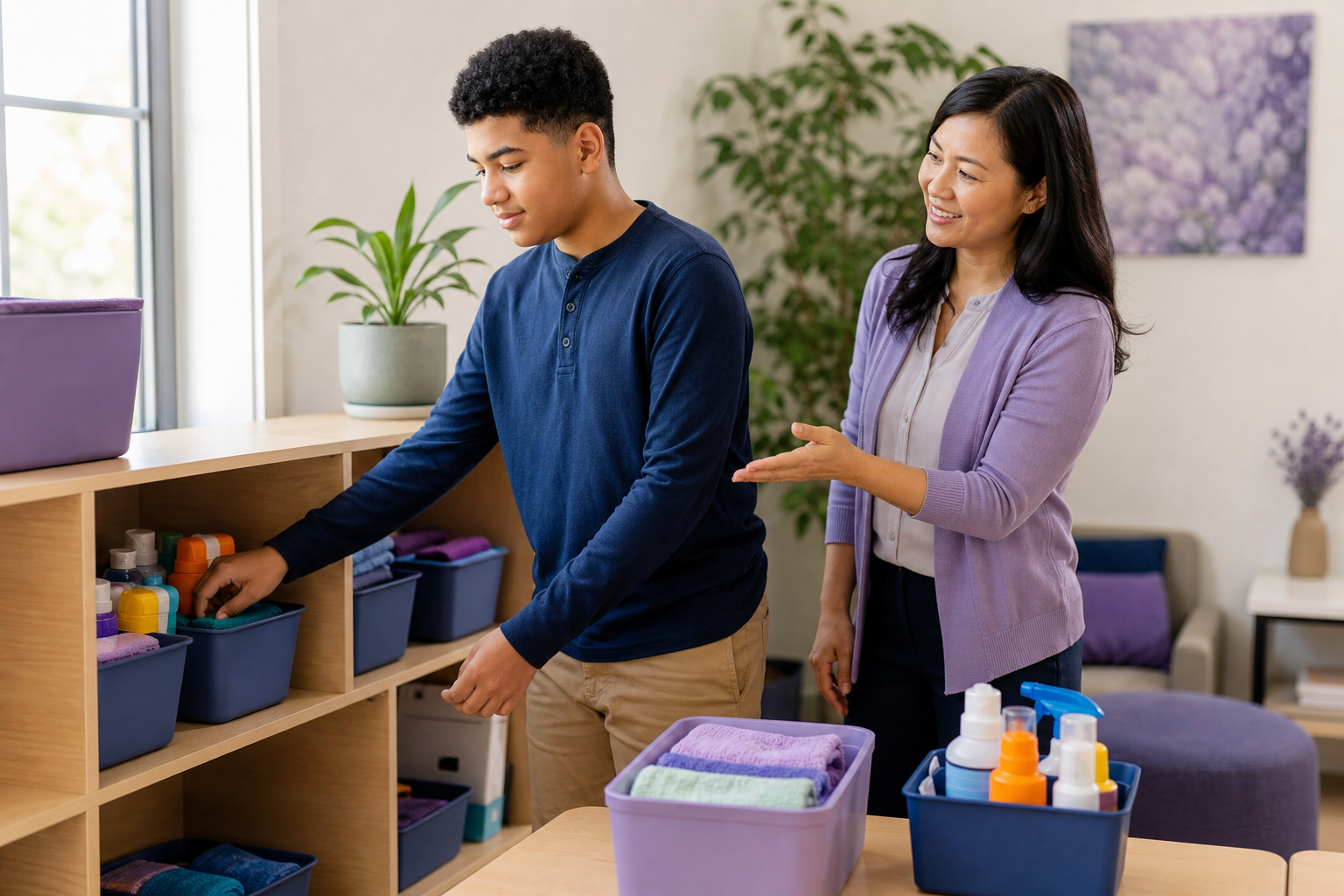 A teenage boy and a female therapist organize colorful household supplies on open shelving in a bright, welcoming practice room; a potted plant and colorful bins are visible.