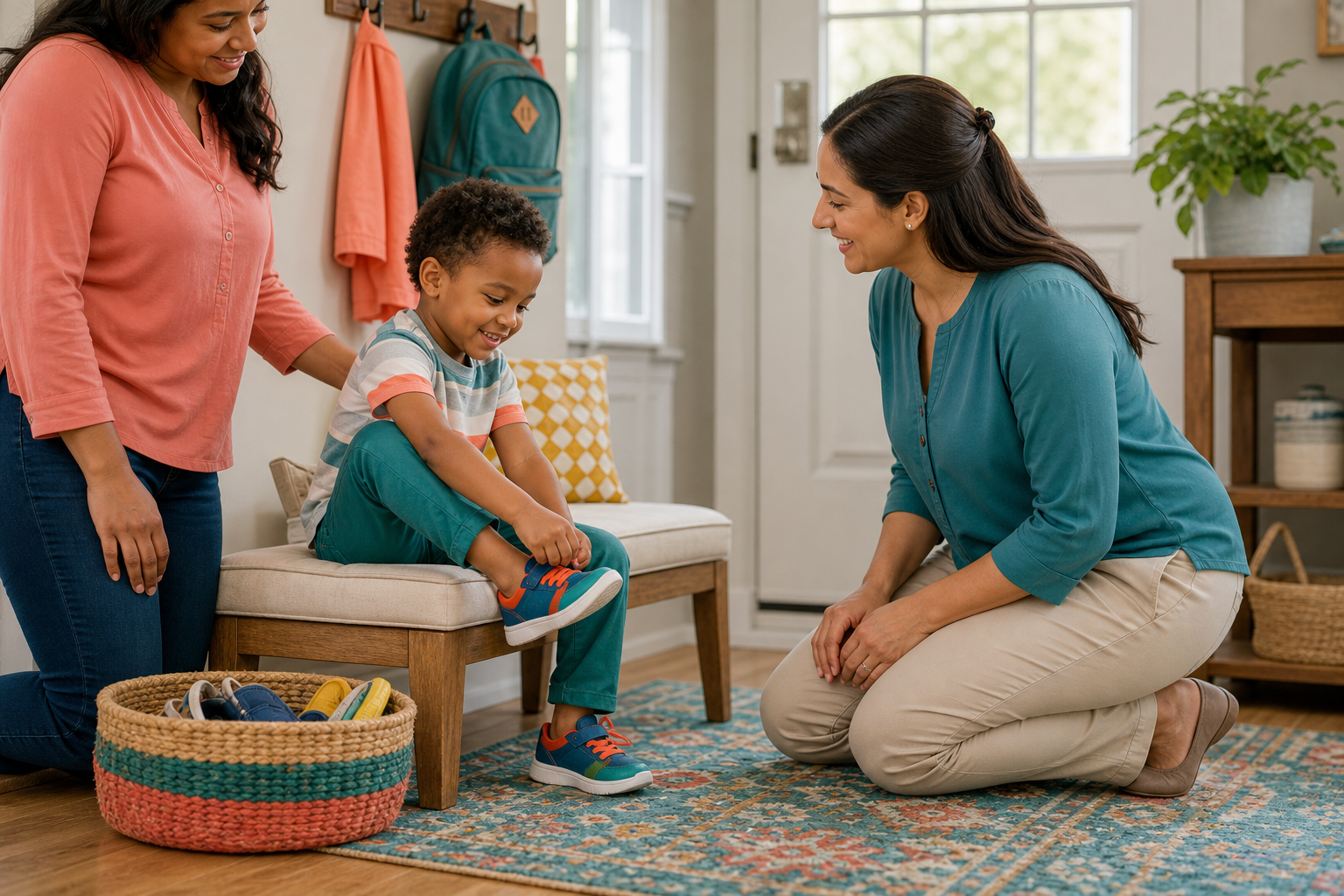 A smiling young child sits on a bench in a bright home entryway, putting on colorful sneakers with a female therapist kneeling nearby and a caregiver standing alongside.