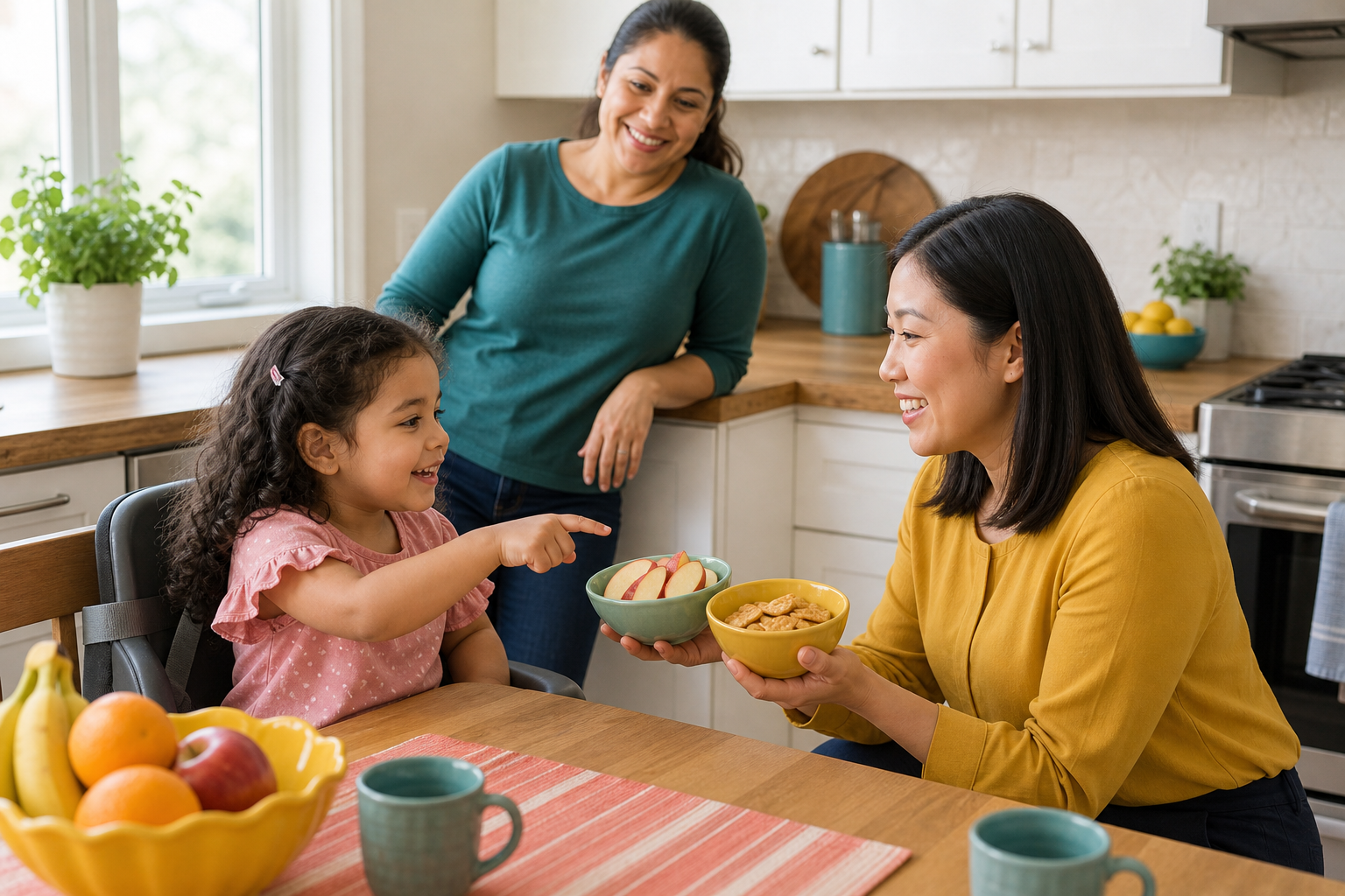 A smiling preschool-aged girl with curly dark hair sits in a booster seat at a wooden kitchen table and points to one of two snack bowls, apple slices and crackers, held up by a smiling female therapist in a mustard-yellow blouse, while her mother in a teal top leans on the counter behind them and watches proudly in a bright home kitchen.