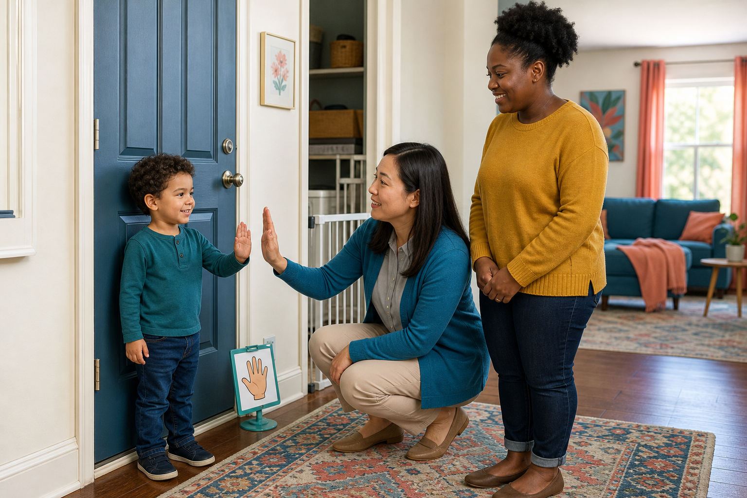 A calm preschool-aged boy practices a stop-and-wait routine beside a closed front door in a colorful home entryway while a female ABA therapist kneels at his level and a mother observes nearby; a small safety gate and visual hand cue are visible.
