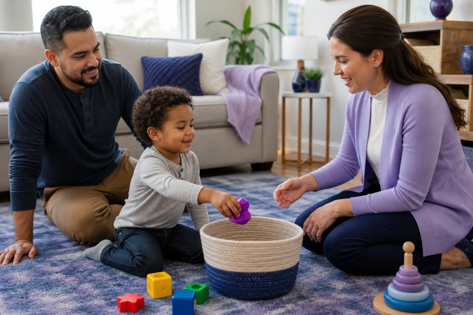 A calm 4-year-old child places a colorful toy into a small basket on a play mat in a warm living room while a female ABA therapist and a father offer encouragement.